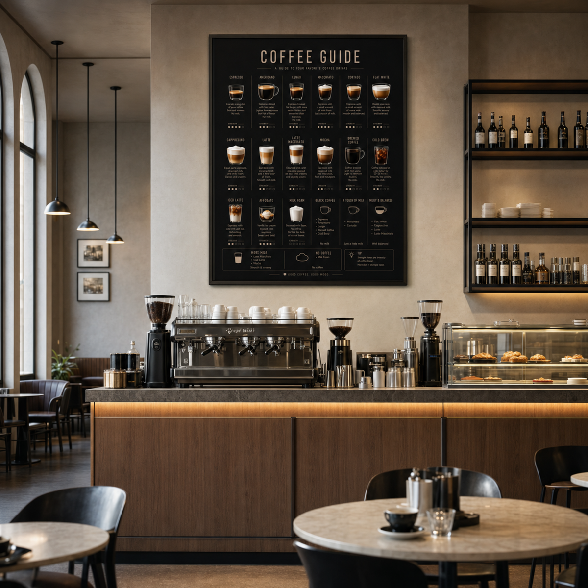 Close-up detail of Coffee Guide wall art with coffee reference information