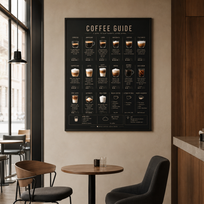 Close-up detail of Coffee Guide wall art with coffee reference information