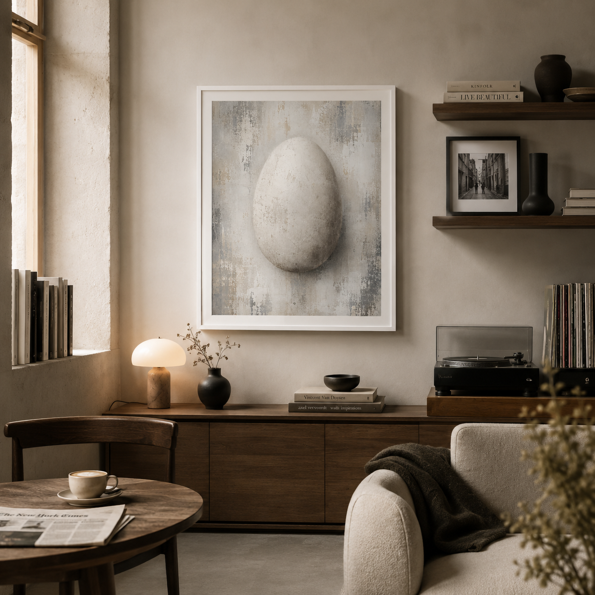 Close-up detail of pale distressed abstract artwork with an egg form emerging through layered textures