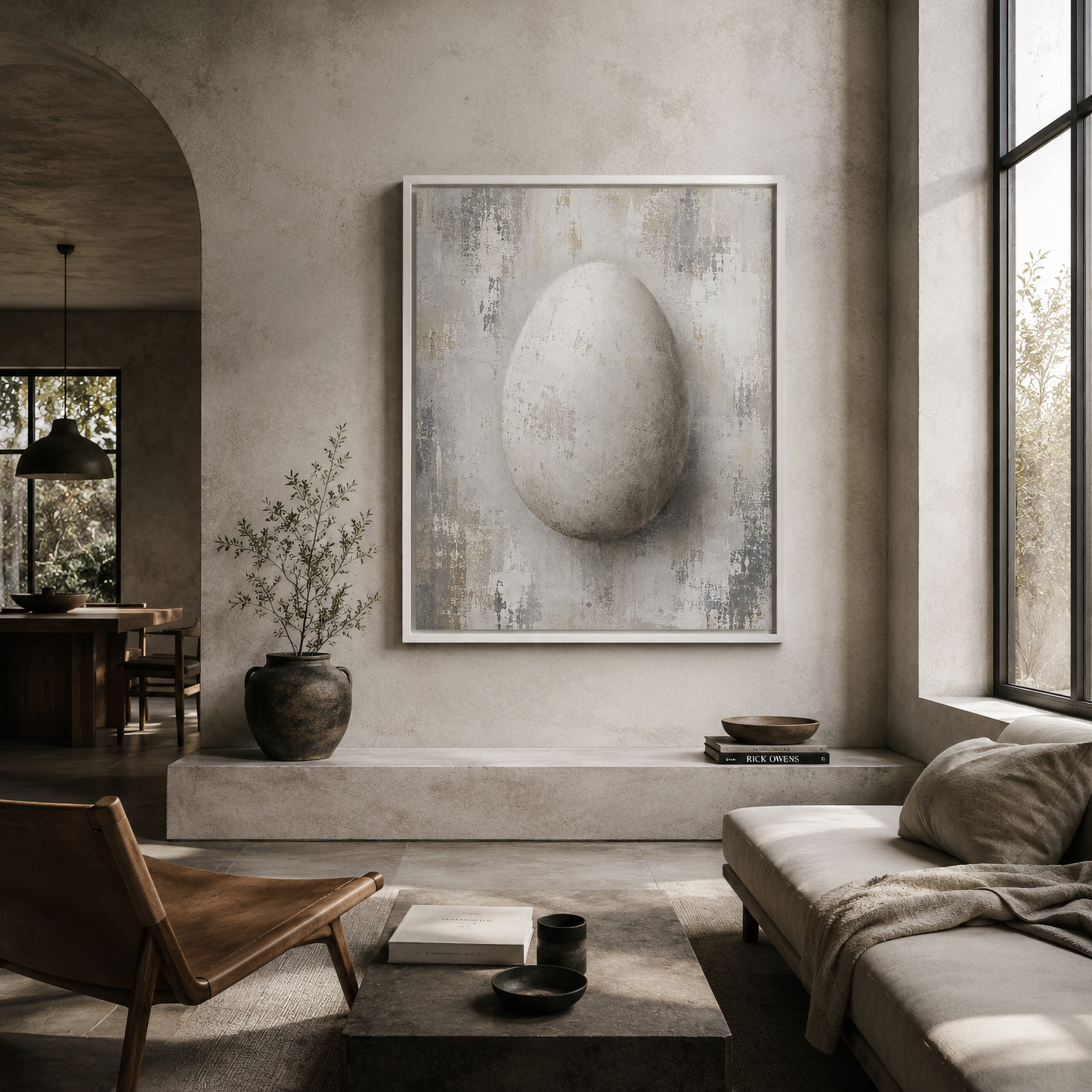 Close-up detail of pale distressed abstract artwork with an egg form emerging through layered textures