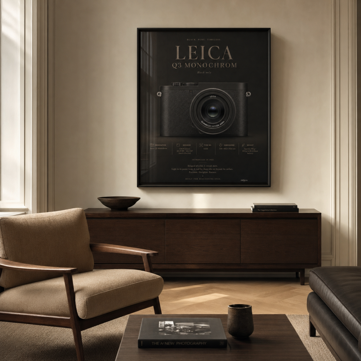 Close-up detail of Leica Q3 Monochrom camera wall artwork