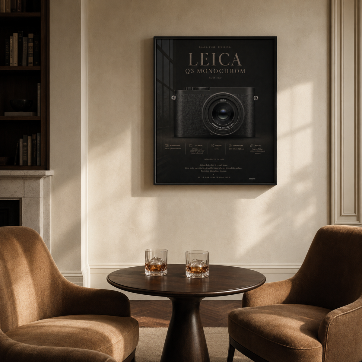 Close-up detail of Leica Q3 Monochrom camera wall artwork