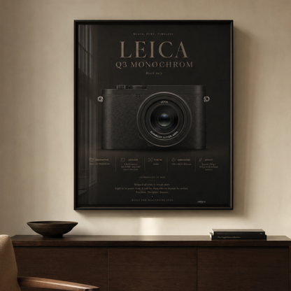 Close-up detail of Leica Q3 Monochrom camera wall artwork