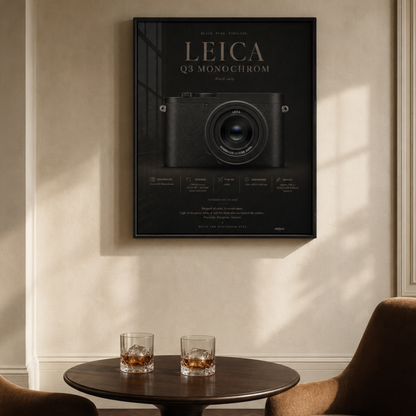 Close-up detail of Leica Q3 Monochrom camera wall artwork