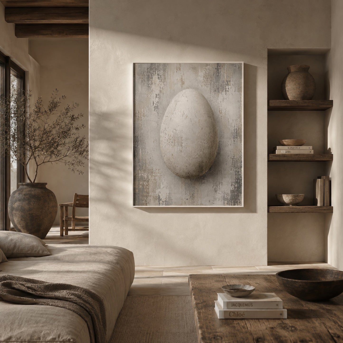 Close-up detail of pale distressed abstract artwork with an egg form emerging through layered textures