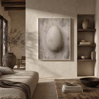 Close-up detail of pale distressed abstract artwork with an egg form emerging through layered textures