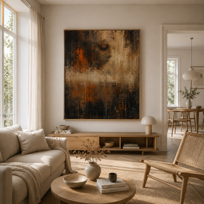 Framed distressed abstract portrait with a partially erased human profile displayed in a contemporary interior