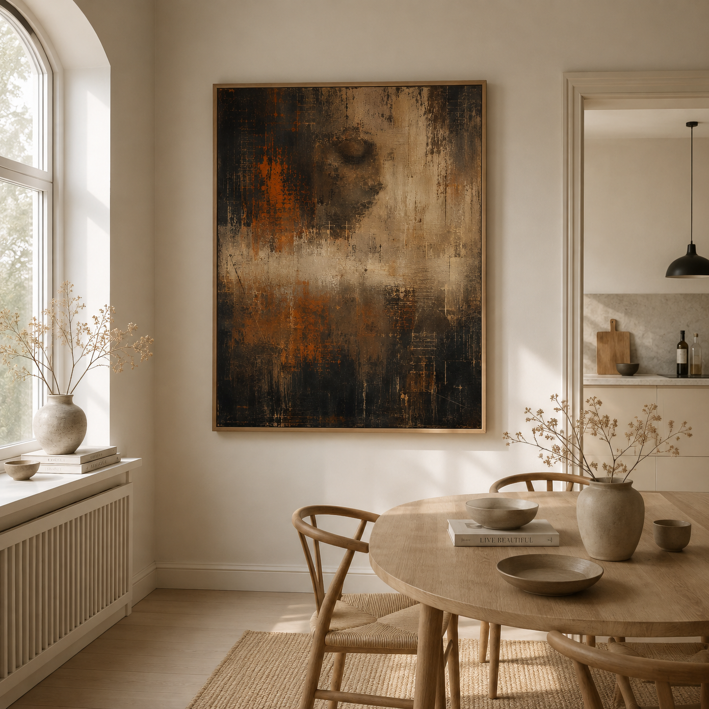 Framed distressed abstract portrait with a partially erased human profile displayed in a contemporary interior