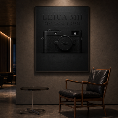 Framed Leica M11 Monochrom camera wall artwork displayed in a modern interior with a black chair