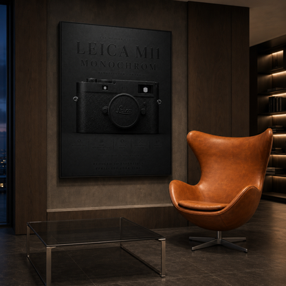 Framed Leica M11 Monochrom camera wall artwork displayed in a design-led interior