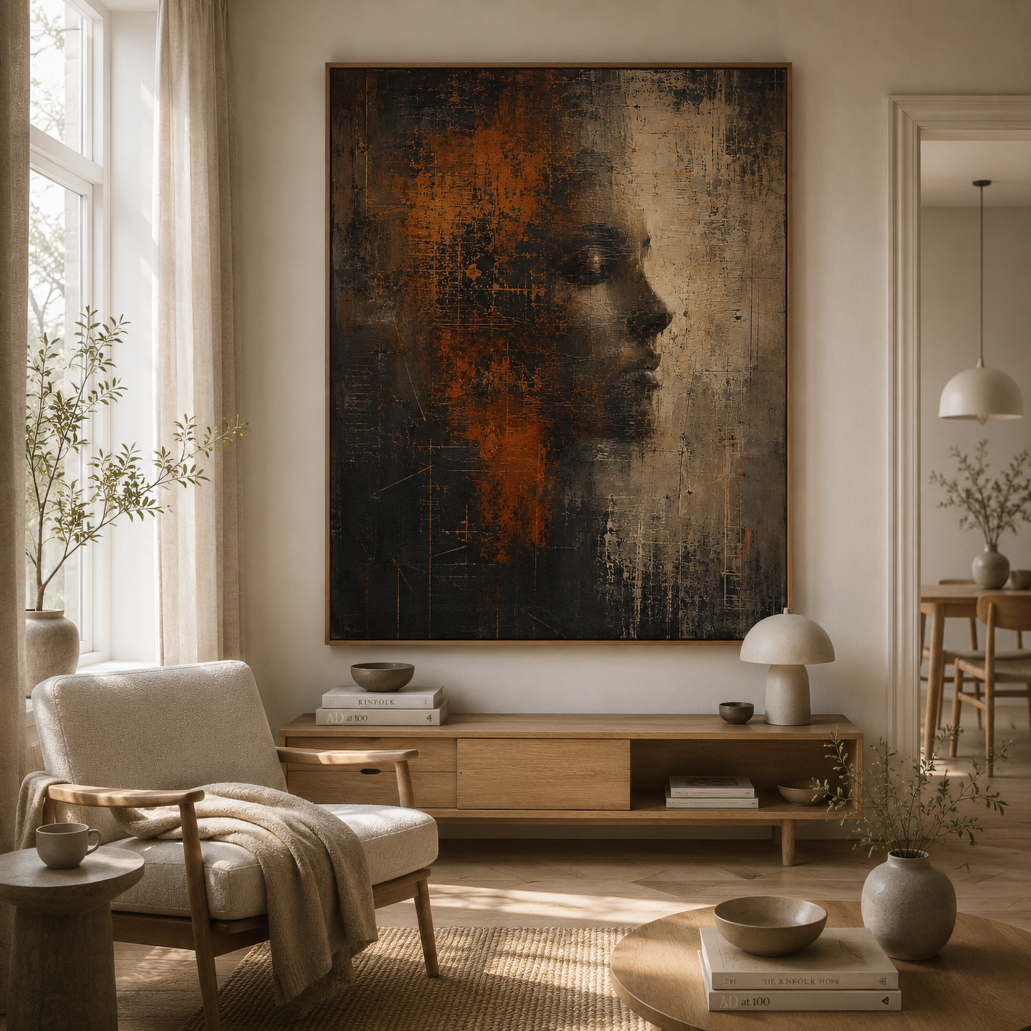 Close-up detail of distressed abstract portrait with a human face in side profile