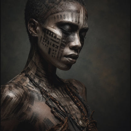Cinematic portrait video of a woman with dark painted markings across her face and body against a muted dark background