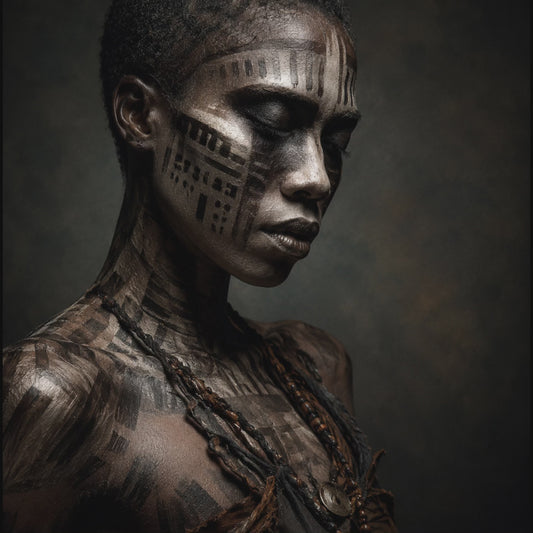 Cinematic portrait video of a woman with dark painted markings across her face and body against a muted dark background